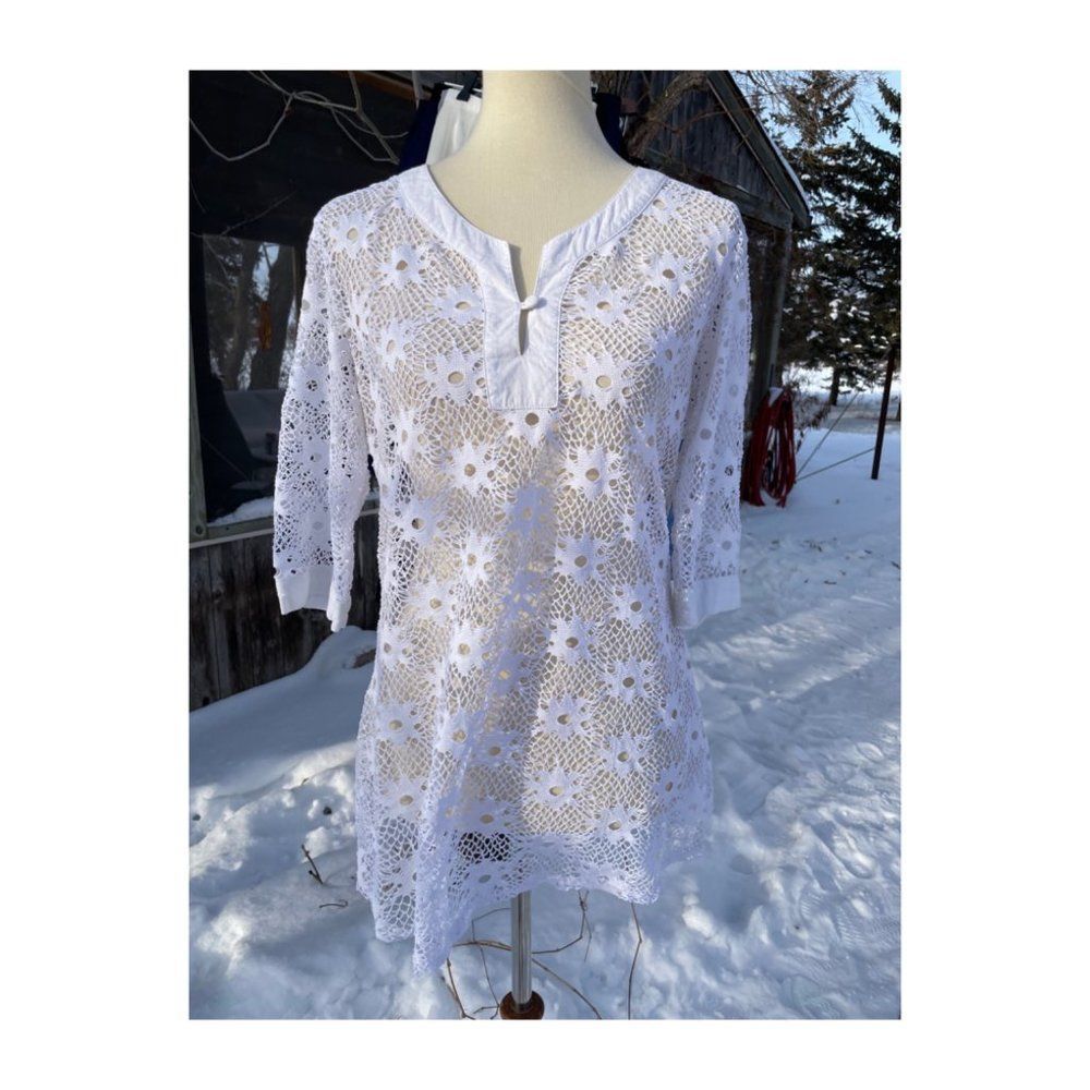 Solitaire by Ravi Khosla White Lace Blouse Tunic Sheer 3/4 Sleeve Sz M